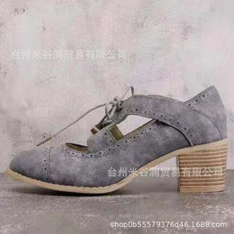 wish Explosions 42 Size Large Size Bullock Single Shoes Women's 2019 Spring New Shallow Mouth Lace-up Mid-heel Chunky Women's Shoes