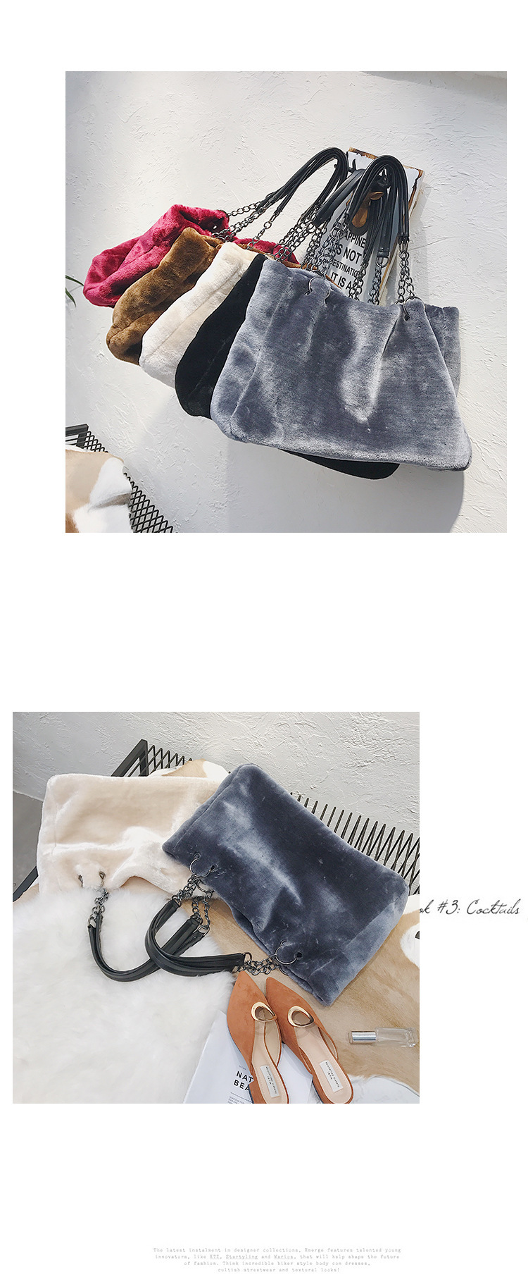 331g Weight Polyester Lining Material Zipper Closure Type Plush Material Solid Color Pattern Vintage Style Style Square Shape Grey, White, Red, Black Color Large Size New Plush   Fashion Plush Big  Shoulder Bags 3