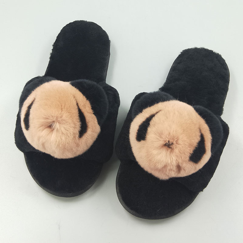 批发黑色羊剪绒皮毛一体家居棉鞋防滑加厚保暖软底獭兔毛小熊拖鞋