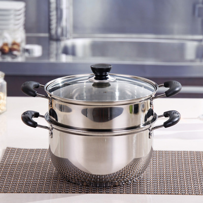 不锈钢韩式蒸锅二层全钢蒸汤锅无磁201复底加厚蒸锅彩盒批发礼品