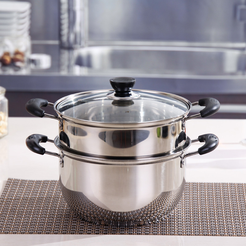 不锈钢韩式蒸锅二层全钢蒸汤锅无磁201复底加厚蒸锅彩盒批发礼品