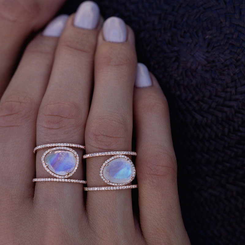 Waves Pattern Women'S Gender New Irregular Moonstone Ring 14k Rose Gold Plated Micro-set Finger Ring