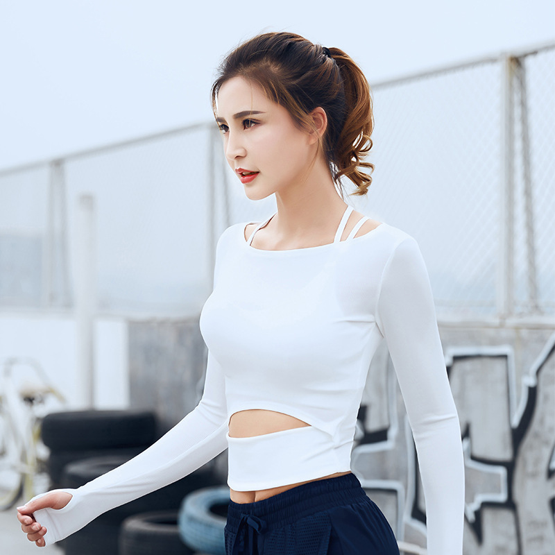新款露脐速干衣女镂空速干健身瑜伽长袖上衣女一件代发|ru
