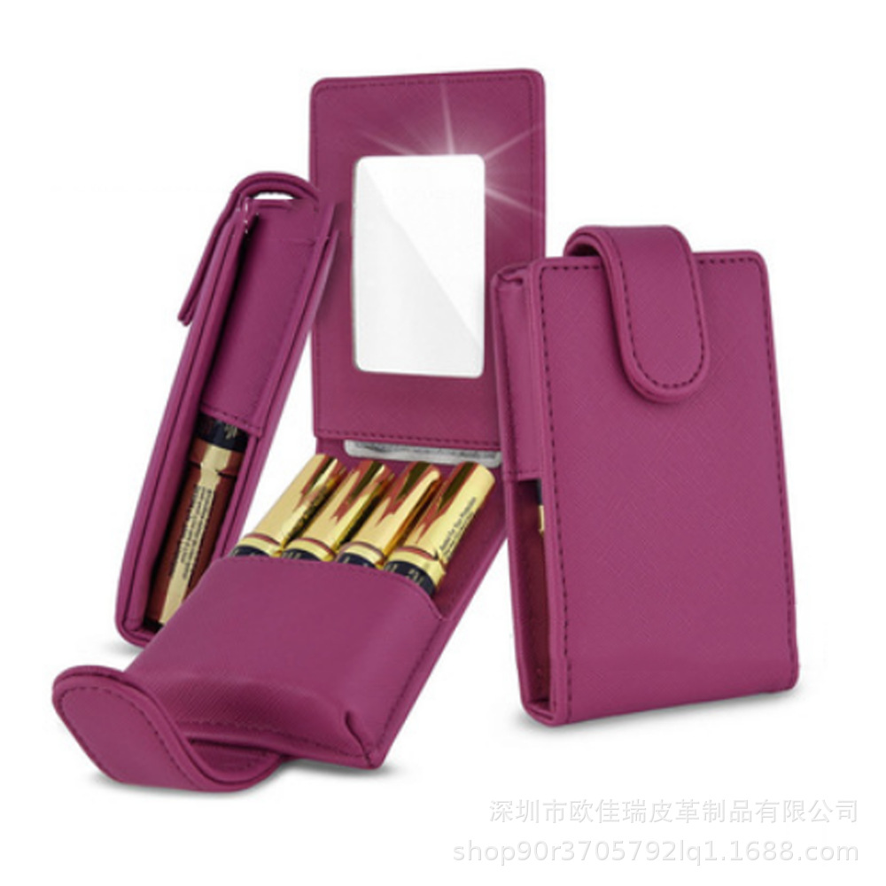 创意皮质自带镜子口红盒   三只装女士唇膏盒  精美化妆品收纳盒