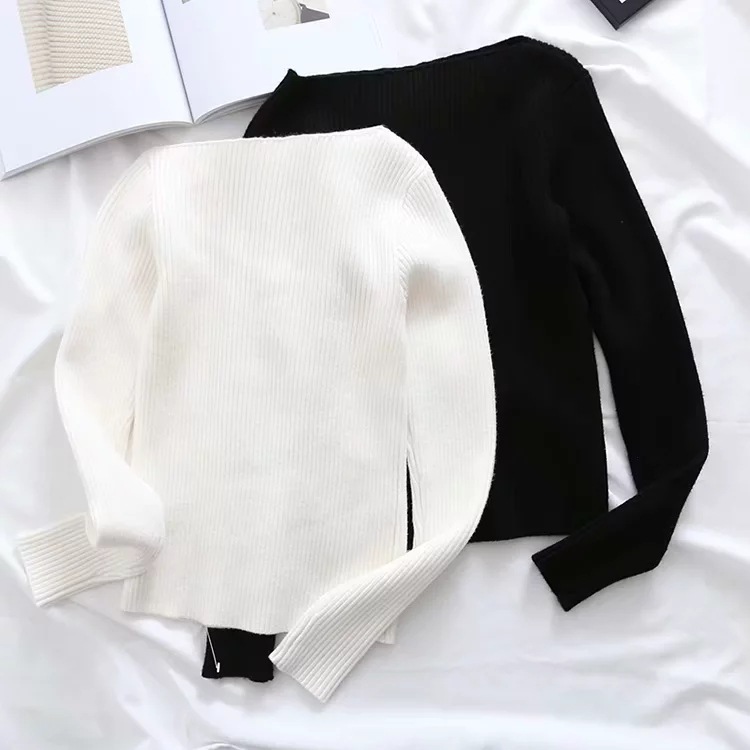 slanted shoulder collar irregular long-sleeved sweater  NSAC31672