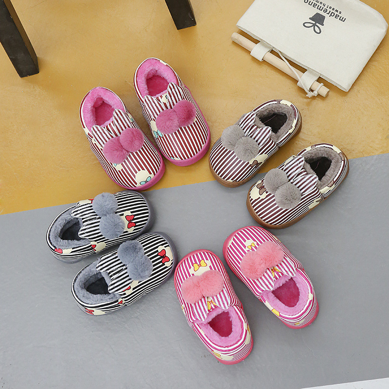 pu皮兔耳朵双球冬季小孩棉鞋女加绒保暖防滑防水男孩儿童批发代发