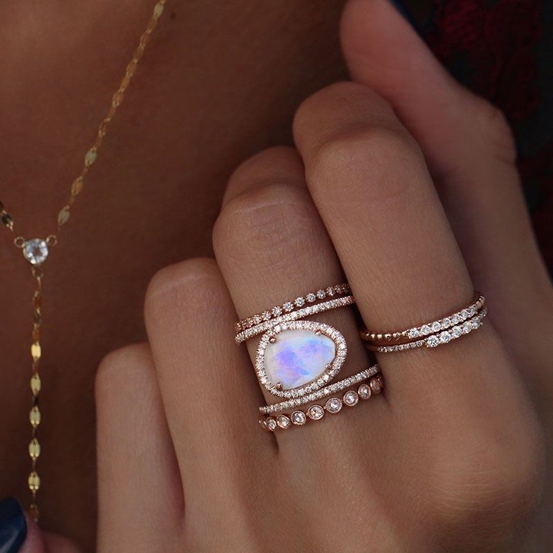 Housewarming Occasion Gem Material New Irregular Moonstone Ring 14k Rose Gold Plated Micro-set Finger Ring