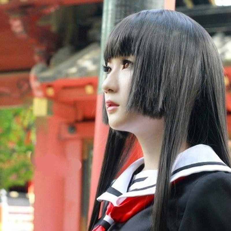 cos Fake Hair Hell Girl Yan Moai Ji Hair Style Three Knife Qi Black Long Straight Hair Women's Japanese Anime Wig