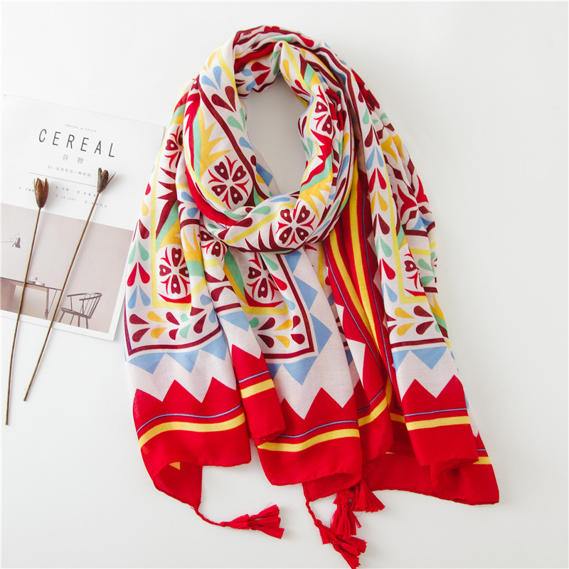 Sun Shawl Women Summer National Style Cotton And Linen Silk Scarf Printing Tassel Tulle Travel Beach Towel Sunshade Scarf display picture 30