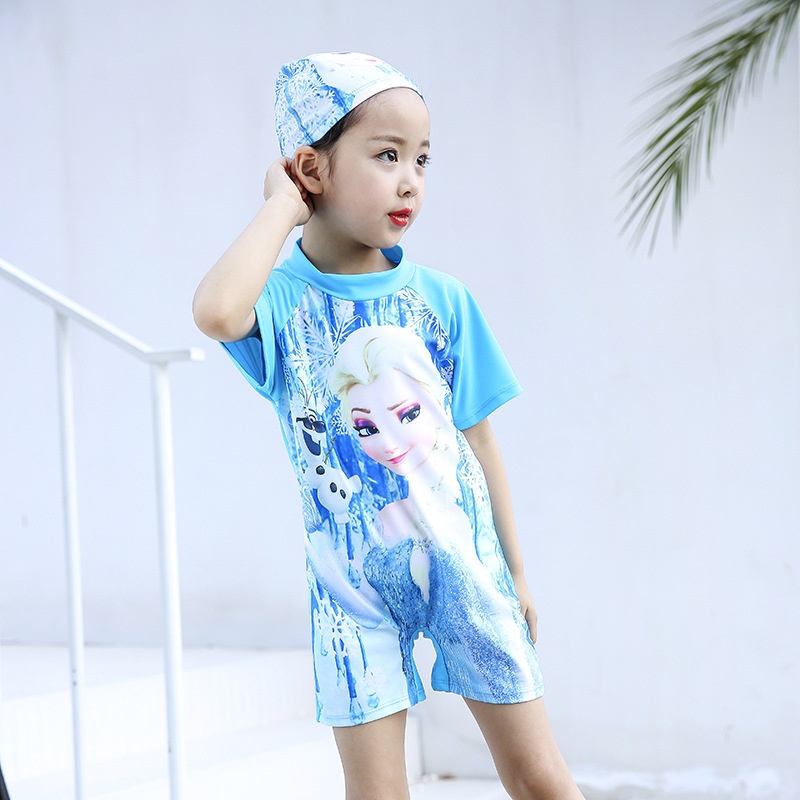 锐游新款儿童泳衣R19女童卡通半袖防晒速干连体冲浪潜水服带泳帽