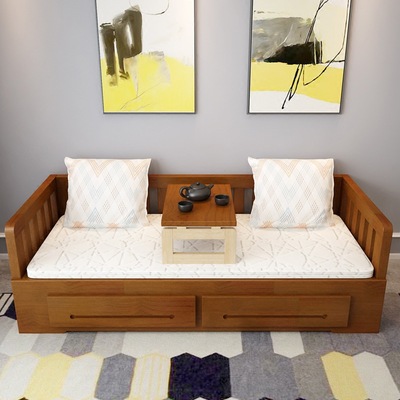 实木沙发床1.8米1.5推拉带抽屉多功能简约可折叠坐卧两用双人沙发|ms