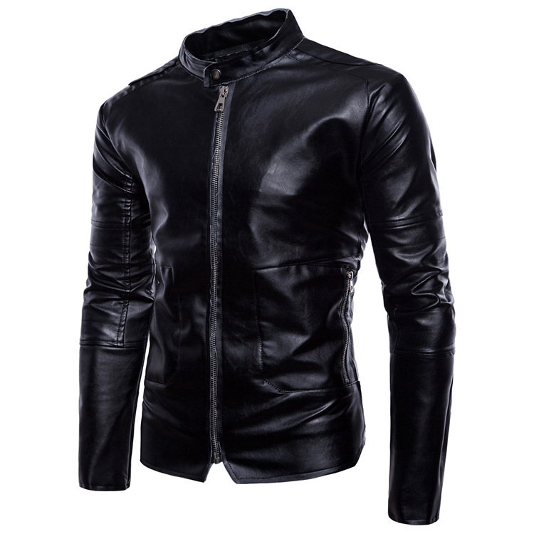 Wish new men's stand collar PU leather coat European large leather jacket men's slim fitting motorcycle leather jacket in spring and Autumn