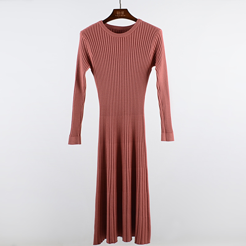 Long sleeve OL long O-neck Sweater dress women Autumn Winter Thick A-line rfemale knitted dress