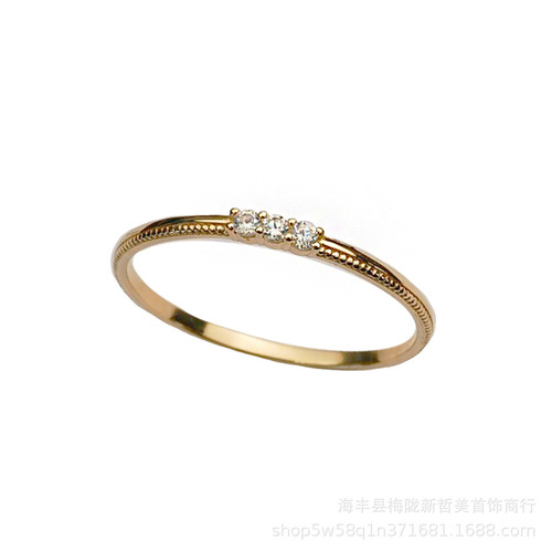 S925 sterling silver plated 14k gold Japanese style minimalist three zirconium diamond basic gold women's ring commuting style