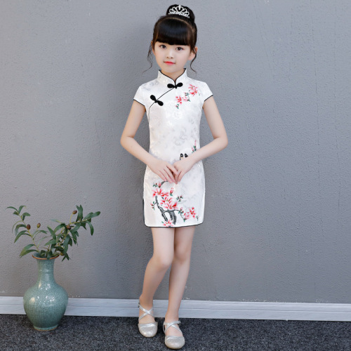 rural printing qipao Chinese wind hanfu Children Chineses dresses Qipao Dresses for girlsChinese zither girl costume cheongsam summer with short sleeves