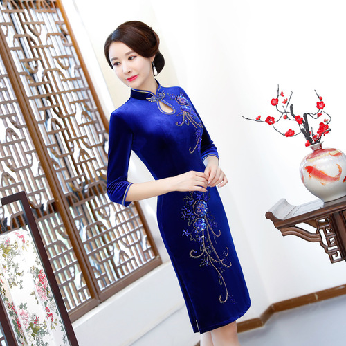 Chinese Dresses Qipao for women robe chinoise cheongsam Velvet cheongsam nail bead elastic dress