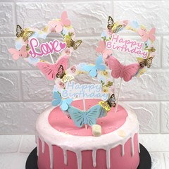 Beautiful cake decoration pink blue three-dimensional butterfly happy birthday love wedding dessert table plug-in