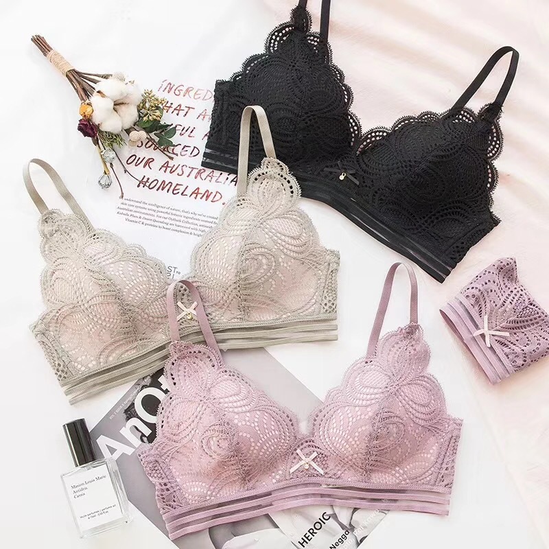 中薄款蕾丝三角杯贝贝拉无痕内衣甜美少女无钢圈小胸聚拢文胸套装