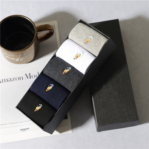 200-Needle Polo Paul Autumn/Winter Sock Gift Box Set for Men - Four-Season 100% Cotton Embroidered Crew Socks