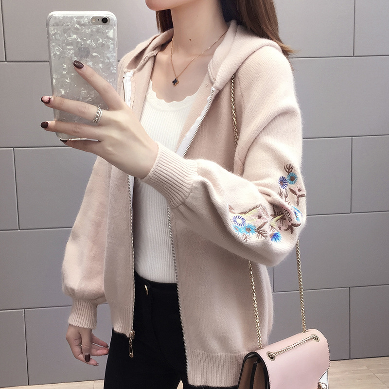 2018秋冬新款毛衣外套女开衫宽松休闲连帽刺绣针织衫学生女装潮