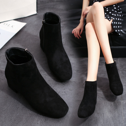 2019 Autumn and Winter New Korean Version Mid-Heel Thick Heel Velvet Women's Short Boots Fashion Side Zipper Martin Boots Fashion Women's Boots 