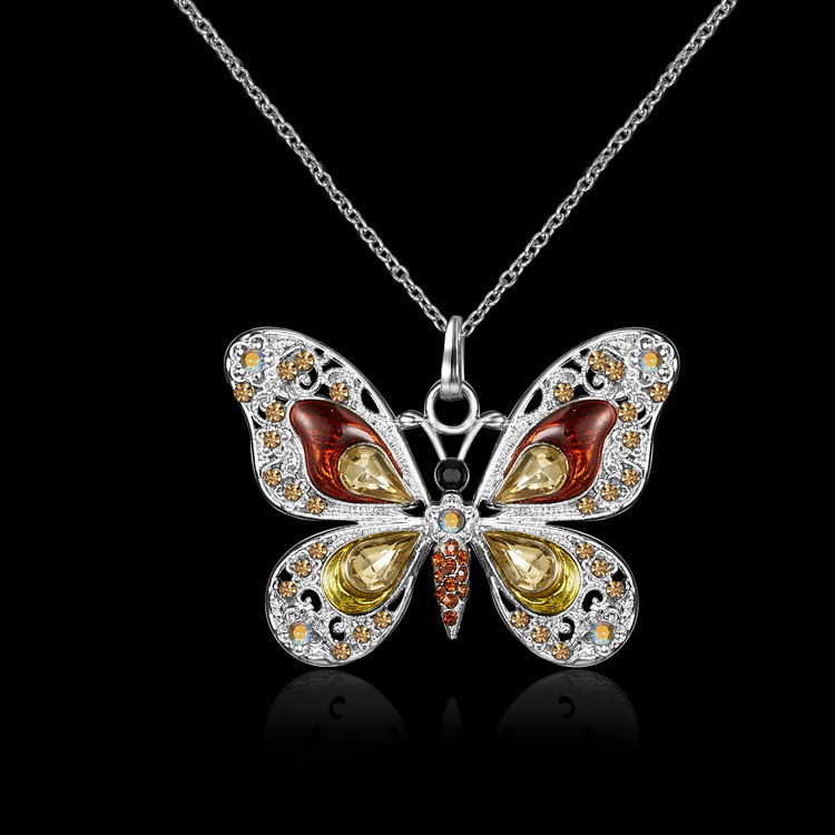 Plating, Inlay Design Sweet Butterfly Alloy Plating Inlay Rhinestones Unisex Pendant Necklace