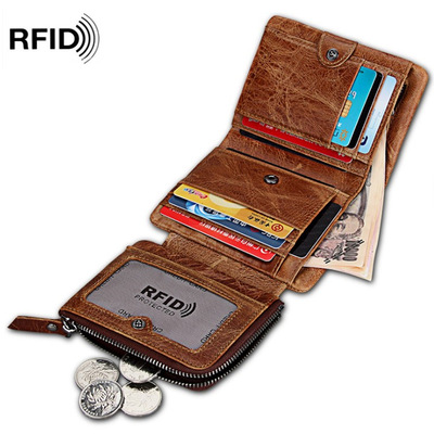 新款亚马逊外贸爆款疯马牛皮男士钱包真皮短款防RFID防盗刷钱夹