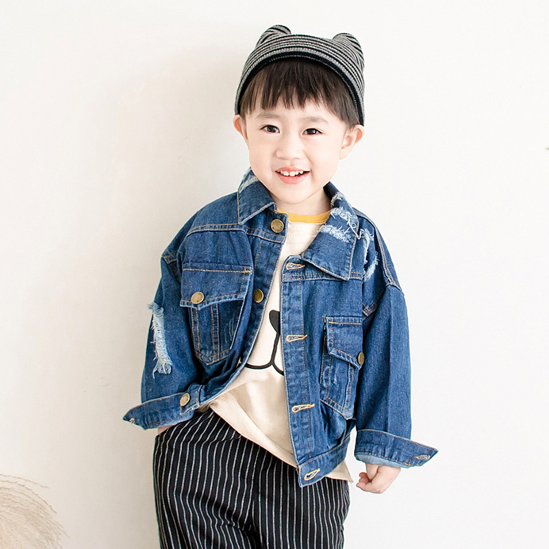 男童牛仔外套 2019春秋新款韩版童装个性破洞单排扣翻领夹克衫潮|ms