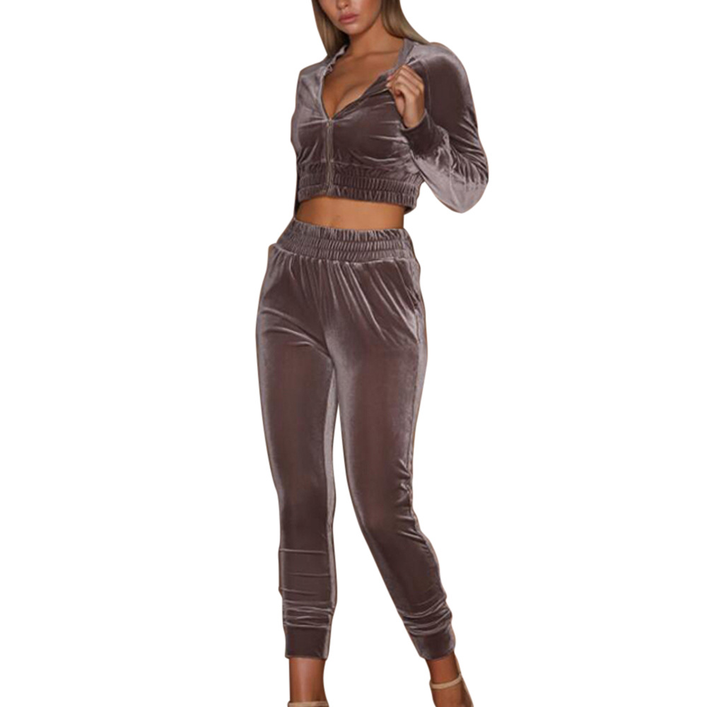 Velvet zip crop top & pants set NSOY45936