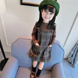 女童秋装2023新款女童裙子套装韩版宝宝格子背带裙套装两件套1542