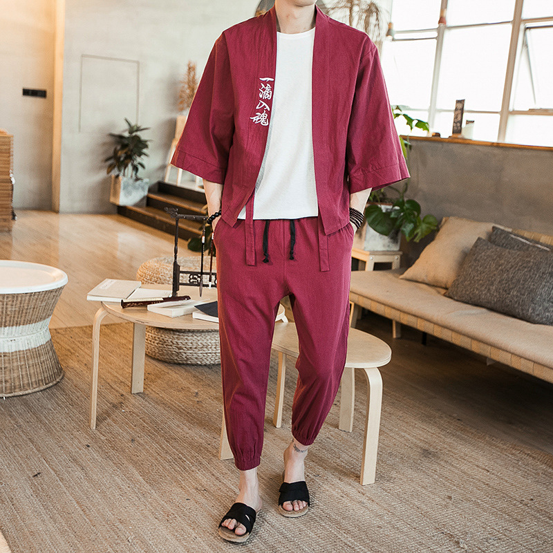 夏季男士套装中国风潮流复古青年棉麻七分袖大码开衫亚麻两件套