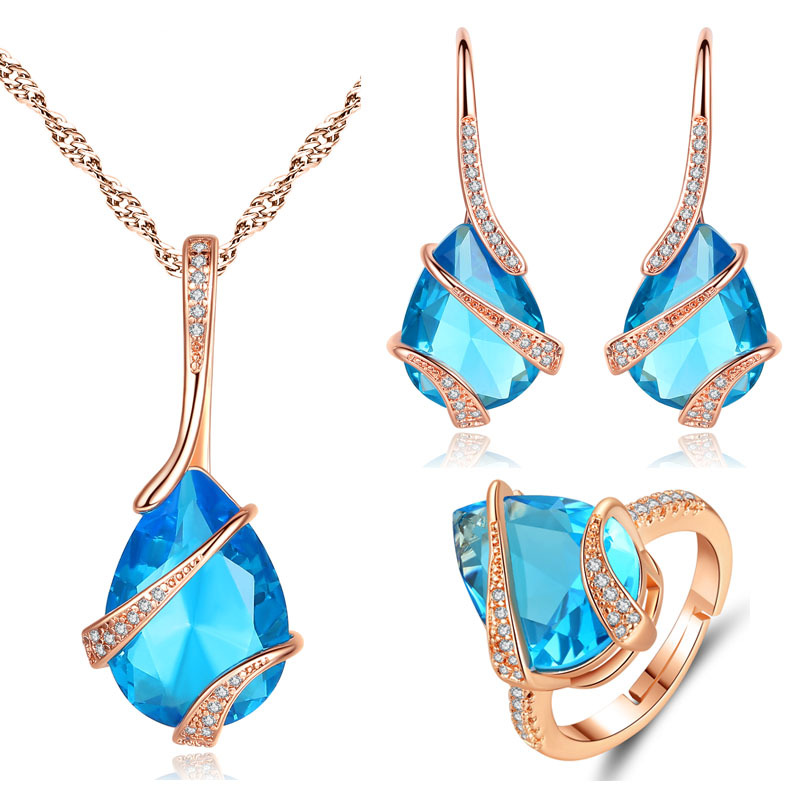 New Aquamarine Water Drop Earrings Necklace Ring Natural Topaz Jewelry Set Wholesale Nihaojewelry display picture 20