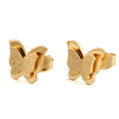 东莞钛钢饰品 磨砂蝴蝶耳钉双层玫瑰金钛钢耳环 不锈钢耳饰耳钉女|ru