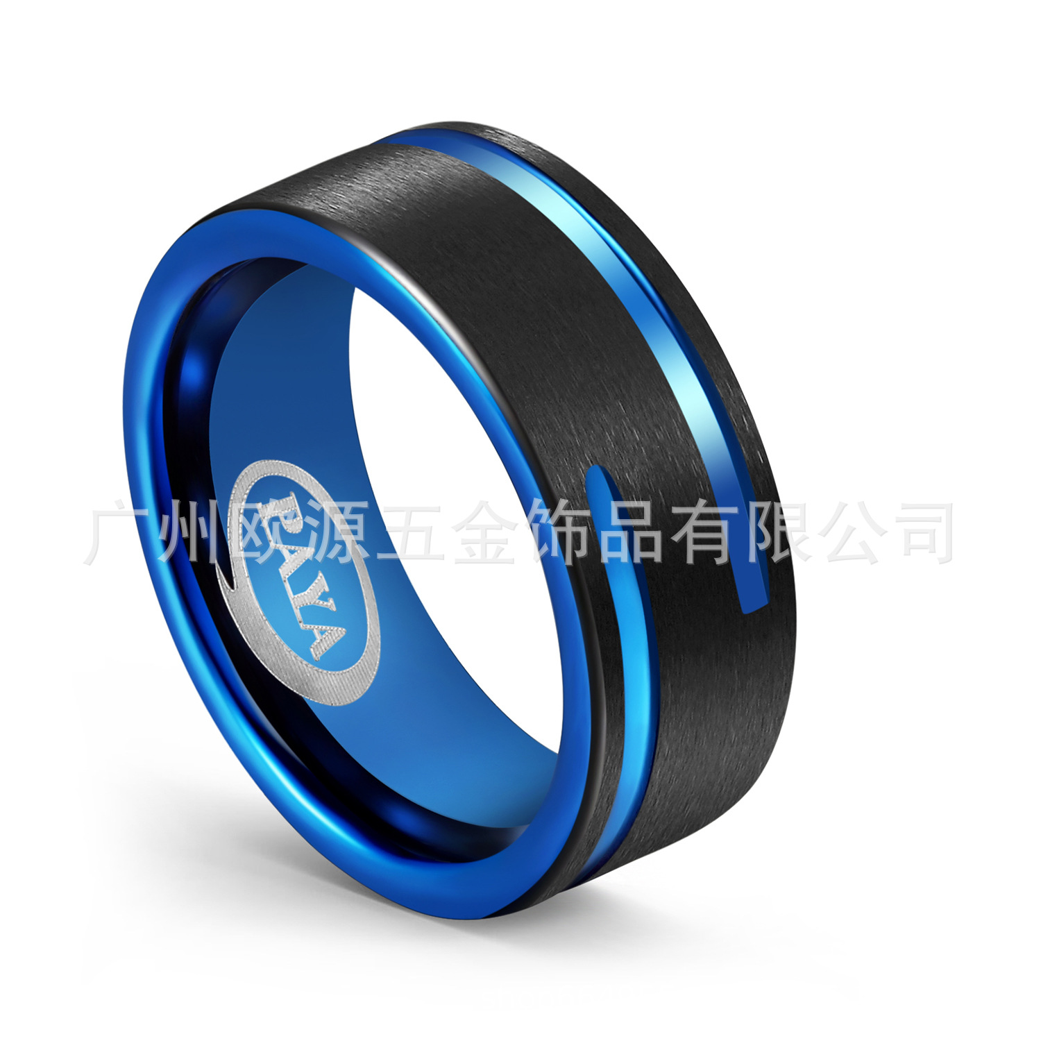 广州欧源工厂直销 钨钢戒指 经典双色拉沙凹槽间蓝色钨金男士