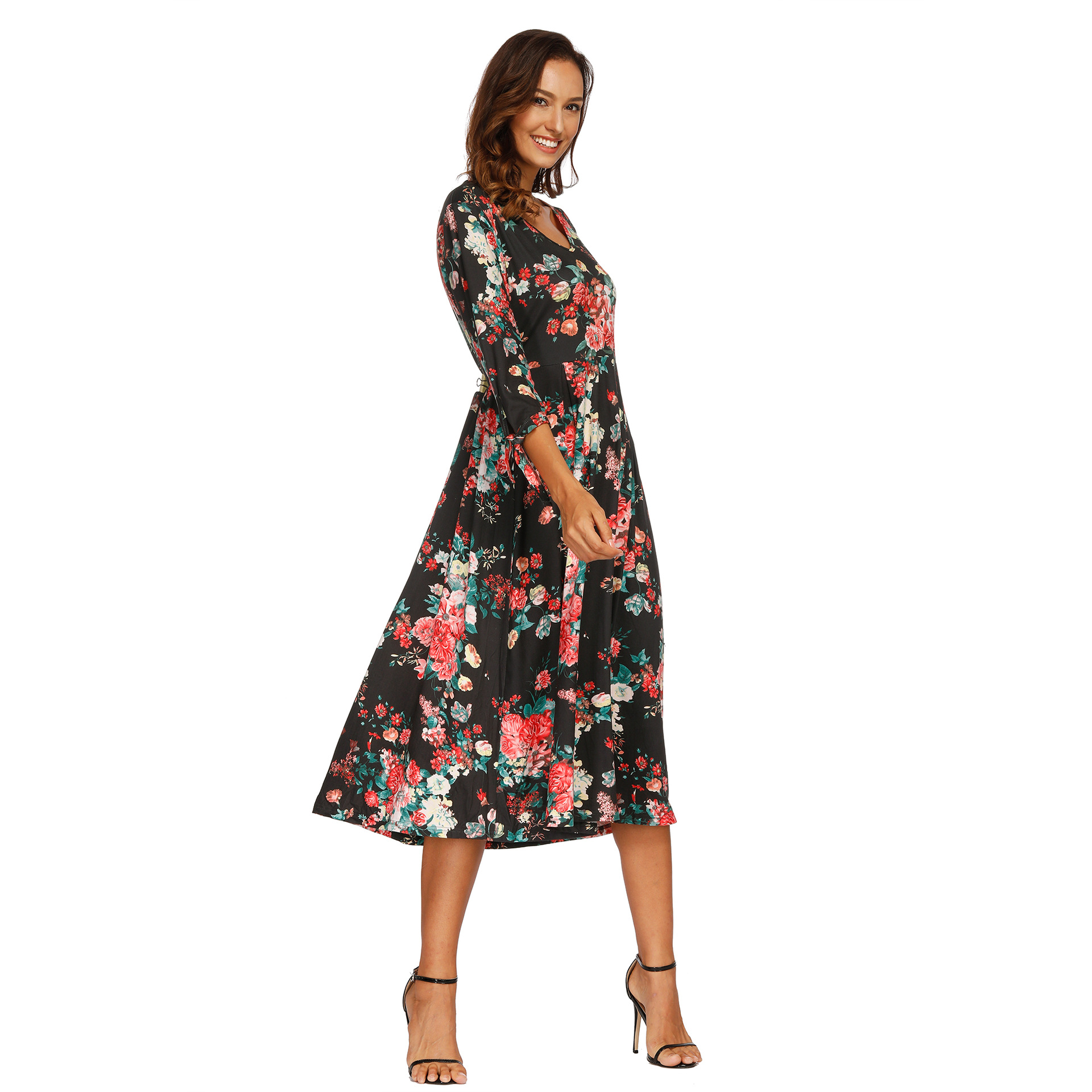 Floral Print Maxi Dress V Neck Three Quarter Sleeve Autumn Winter Style Wholesale Womens Fashion Dress