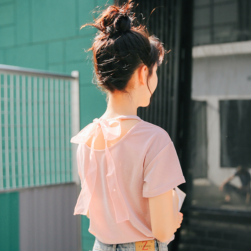 2018女装t恤亮丝体恤女短袖蝴蝶结系带宽松甜美上衣
