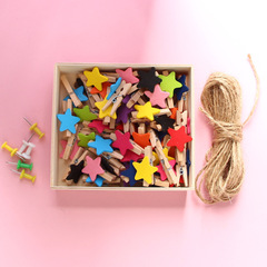 Photo album in a wooden box, photo clips with colorful five-pointed stars, small wooden clips, photo wall decoration for hanging on the wall
