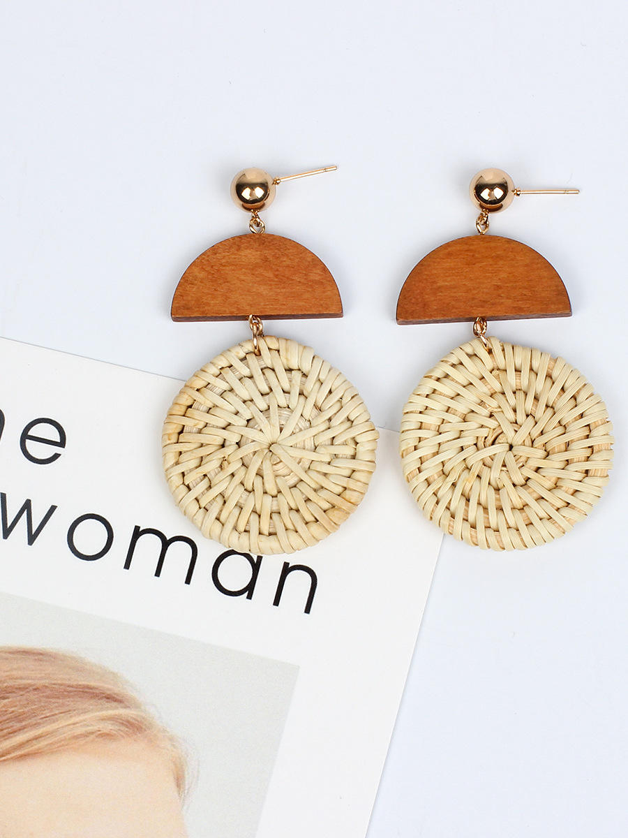 New Straw Woven Round Wood  Retro  Earrings display picture 6