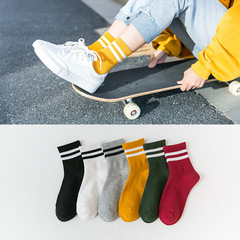 New Autumn/Winter Wooden Cotton Products Cotton Women's Double-Needle Sports Casual Double-Strip Socks Plain Color Mid-Calf Socks Wholesale