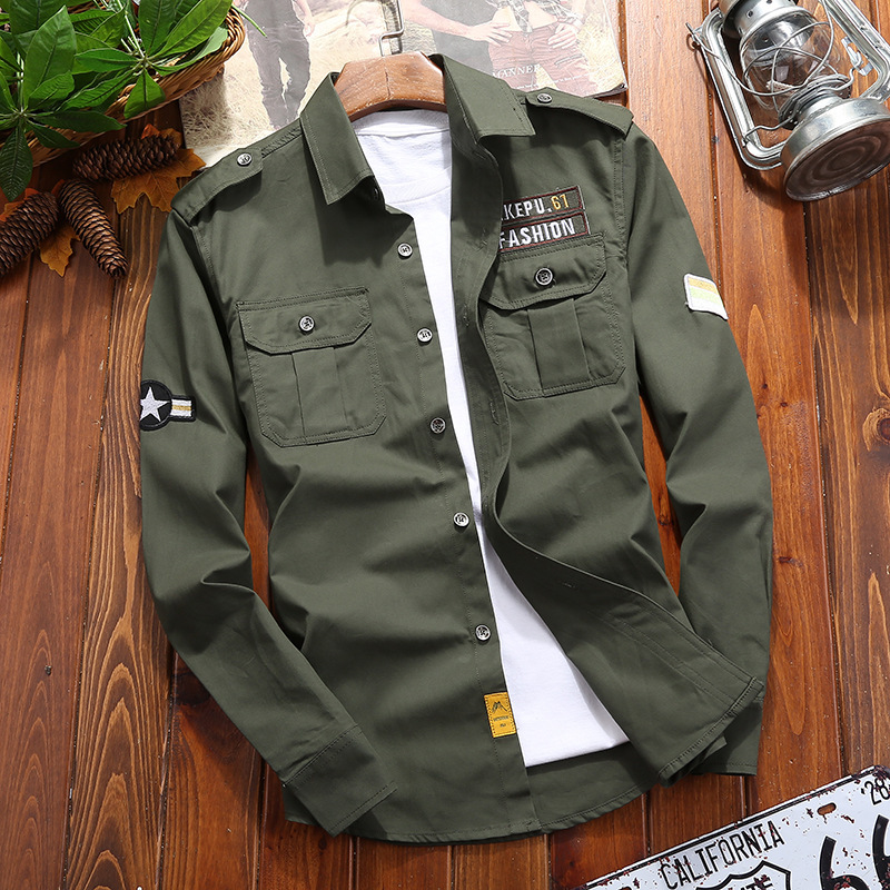 Spring and Autumn Military Long-sleeved Shirt Men's Casual Shirt Military Style Outdoor Tooling Large Size Military Green Top Pure Cotton Spring and Autumn Military Long-sleeved Shirt Men's Casual Shirt Military Style Outdoor Tooling Large Size Military Green Top Pure Cotton