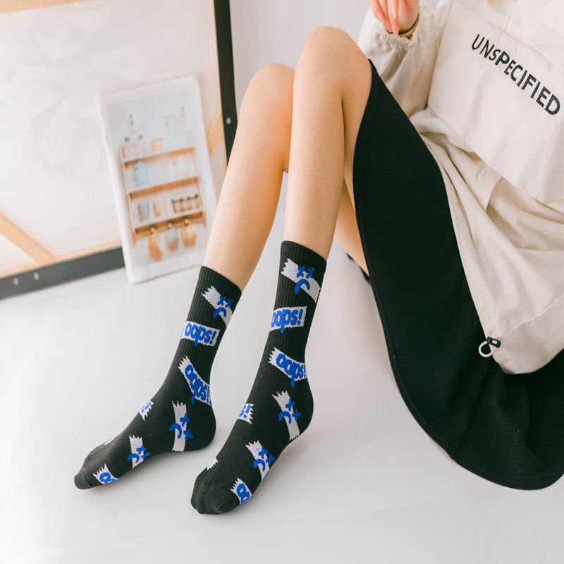 秋季新款高筒潮袜 oops全棉中筒女袜 字母织带提花运动袜子女