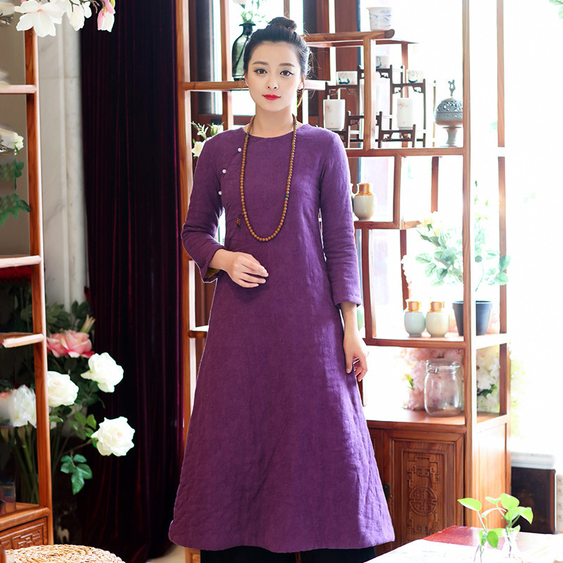 Round neck purple Chinese style plus cotton hand-painted slanting skirt long dress Zen tea dress women