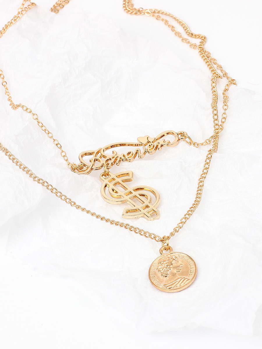 European And American Gold Beauty Head Necklace Dollar Symbol Dollar Logo Necklace English Letter Multilayer Collarbone Necklace display picture 7
