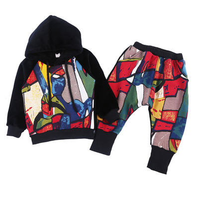 女童金丝绒套装秋冬装新款童装女孩个性潮涂鸦加绒加厚卫衣两件套