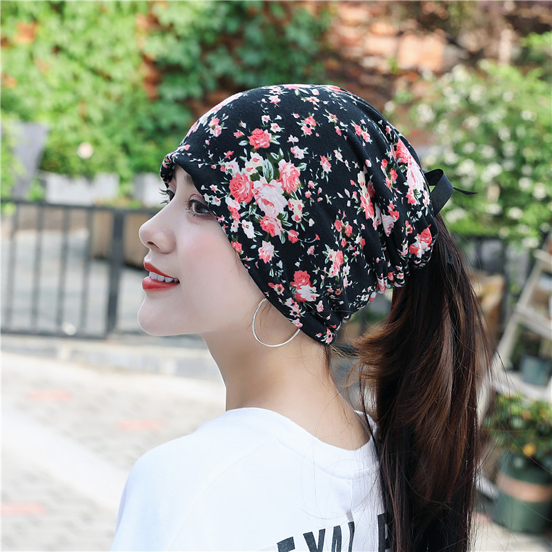 Spring and Autumn Flower Pattern Pullover Hat Women's Multi-use Korean-style Headband Hat Head Protection Nightcap Piled Moon Hat