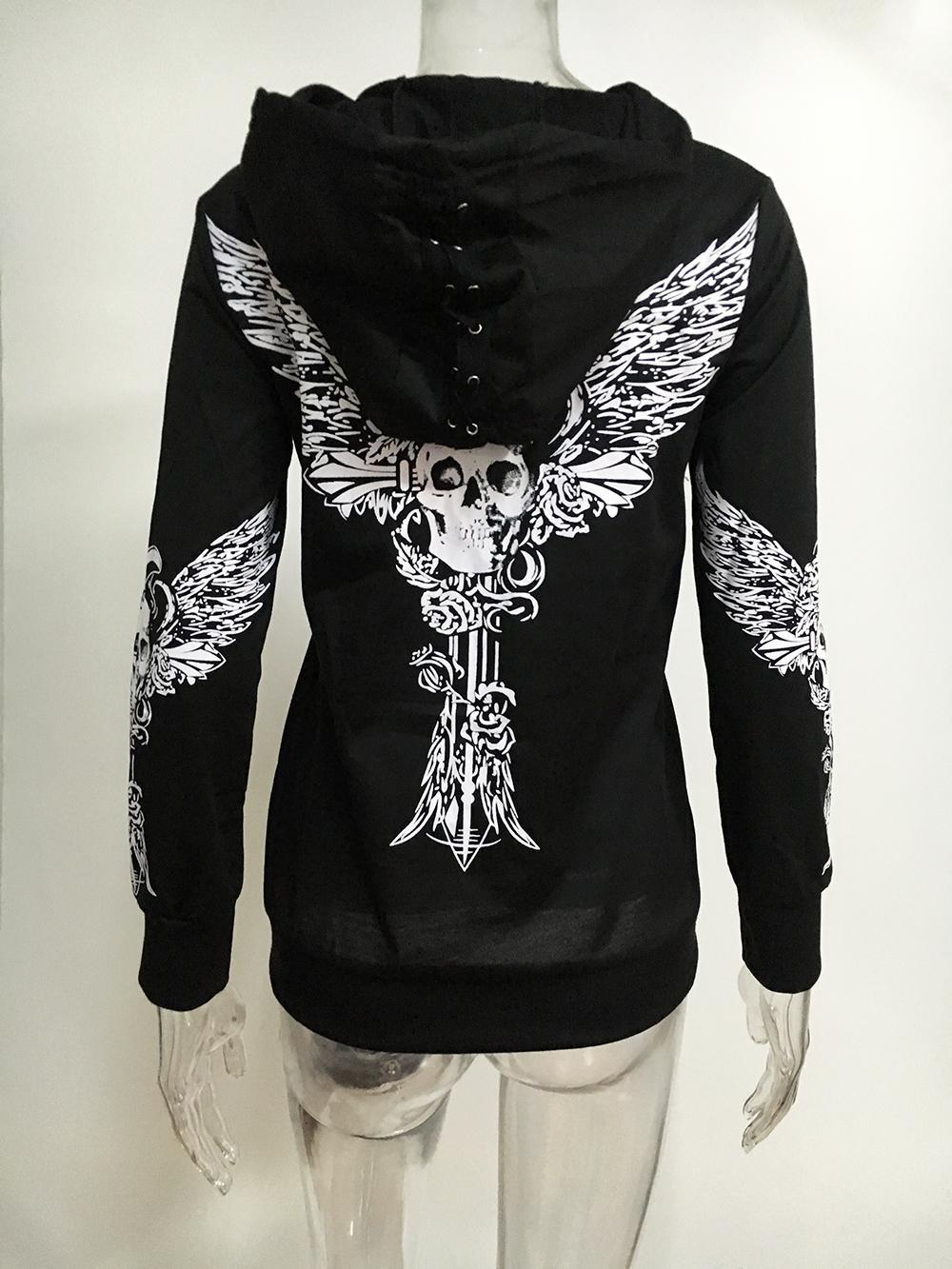 9424 AliExpress WISH impreso con capucha de manga larga suéter cráneo alas de encaje sudadera