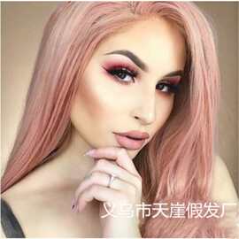 外贸代发欧美时尚假发高温丝大波浪粉色偏分长卷发女士头套8010