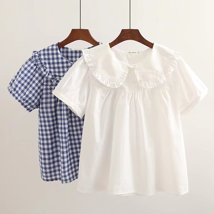 Japanese Style Mori Style Lace Doll Collar Plaid Short Sleeve Shirt Women's Navy Shirt Top 31849