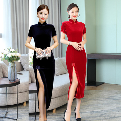2018 velvet new pattern have more cash than can be accounted for cheongsam Short sleeved Self cultivation Improved cheongsam daily Banquet full dress Cheongsam skirt
