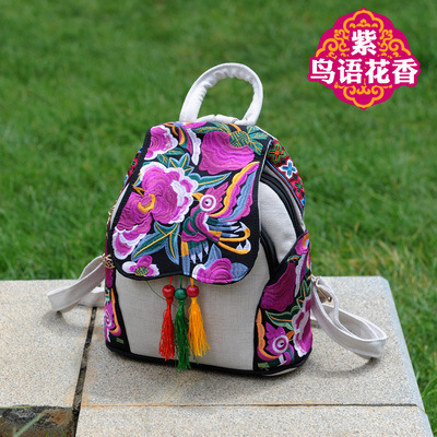 En stock 2023 verano nuevo estilo étnico bolsa de lona de las mujeres floral bordado bolsa casual mochila ventas directas de la fábrica